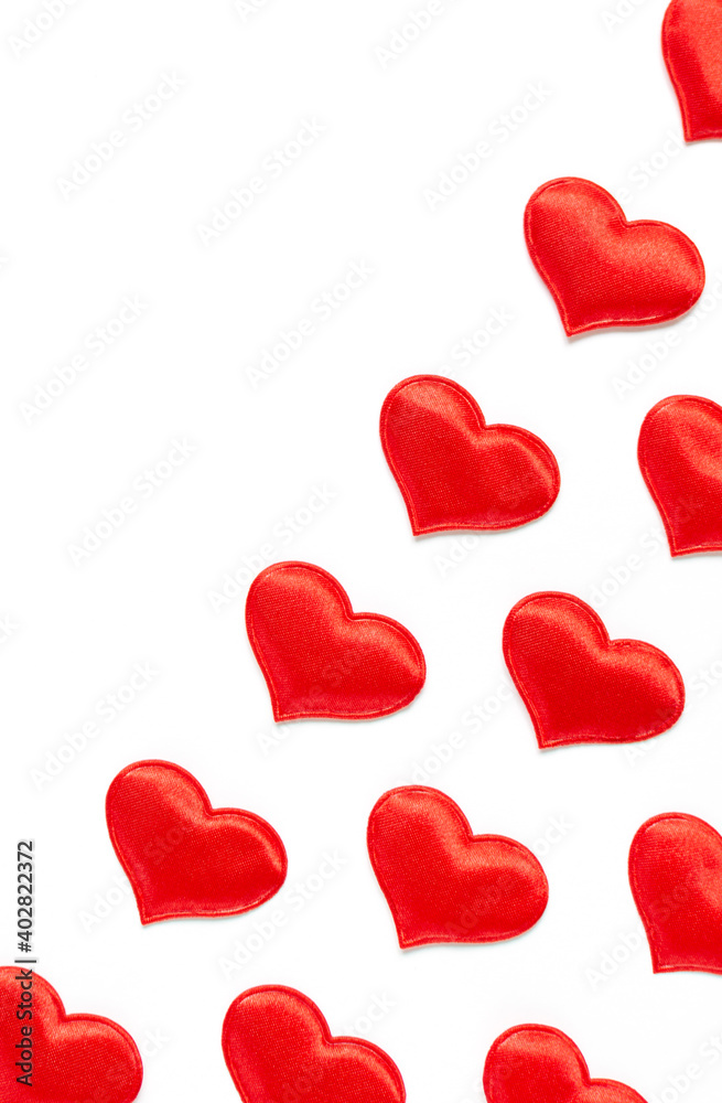 Fototapeta premium Valentine day background with red hearts, flat lay with copy space