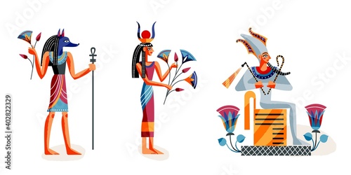 Ancient Egypt gods set. Anubis, Egyptian goddess, pharaoh on white background. Art history gods vector illustration. People standing and sitting with scepter and flowers. Mythology elements