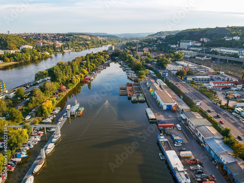 Aerial view of island Cisarska louka - Imperial Meadow in Prague - creek Smichov pond with houseboats photo