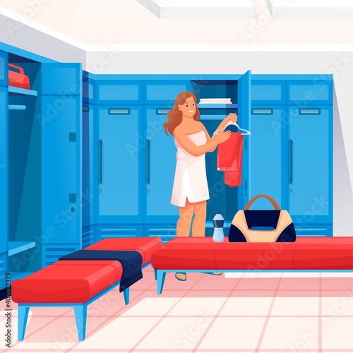 Woman changing clothes in locker room scene. Dressing for fitness and sport exercise in gym vector illustration. Young girl with bag in private room with lockers, benches