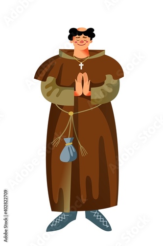 Medieval priest or bishop character. Religious man standing and praying in Middle Ages period vector illustration. Smiling man with hands together isolated on white background