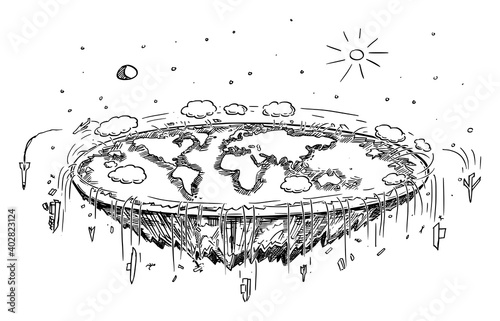 Vector Cartoon Illustration or black and white drawing of Flat Earth in Space, Concept or Flat Earth Conspiracy or Theory, Science and Education. Ships and aircraft are falling over edge.