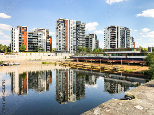 Prague  Czech republic - July 22  2020. Buildings in Marina Holesovice in Prague 7 - panel houses by the river Moldau