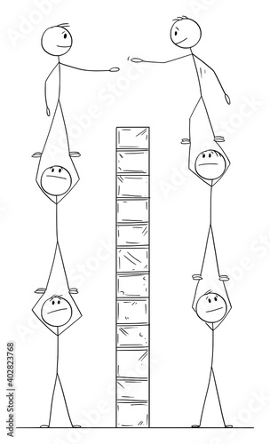 Vector cartoon stick figure illustration of two group of businessmen or men cooperating as business team to overcome obstacle in communication.