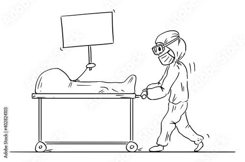 Vector cartoon stick figure illustration of paramedic,medic or medical staff in protective suit transporting dead body of patient holding empty sign. Concept of coronavirus covid-19 epidemic or