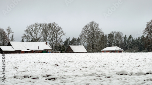 landscape with snowy land in the foreground, trees and fields covered with snow, winter day © ANDA