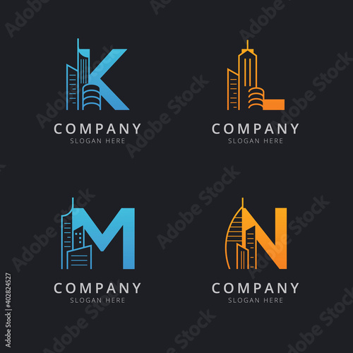 Letter K L M and N with abstract building logo template