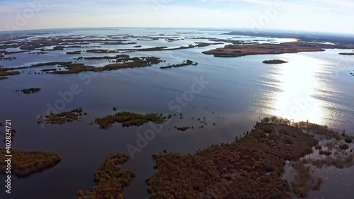 Bird's-eye view of the beautiful Samarskie Plavni in the warm evening light in Ukraine. Aerial UHD 4K drone realtime video, shot in 10bit HLG and colorized