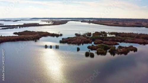 Bird's-eye view of the beautiful Samarskie Plavni in the warm evening light in Ukraine. Aerial UHD 4K drone realtime video, shot in 10bit HLG and colorized