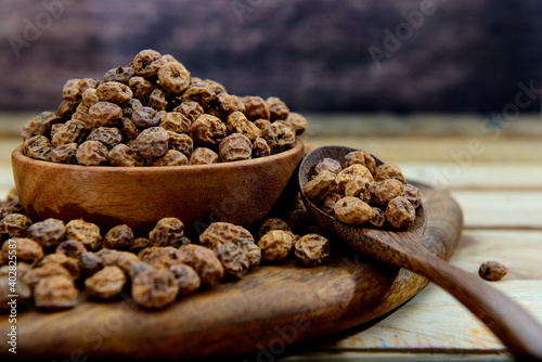 Tiger nuts on a wooden board