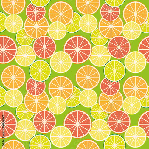 Seamless pattern of colorful citrus. Fruits textile print. Vector illustration.