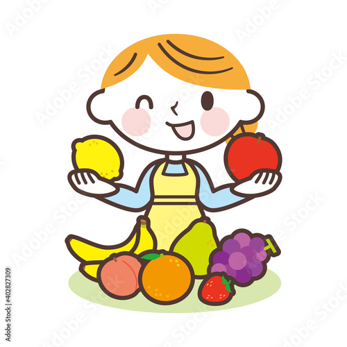 Women and various fruits
