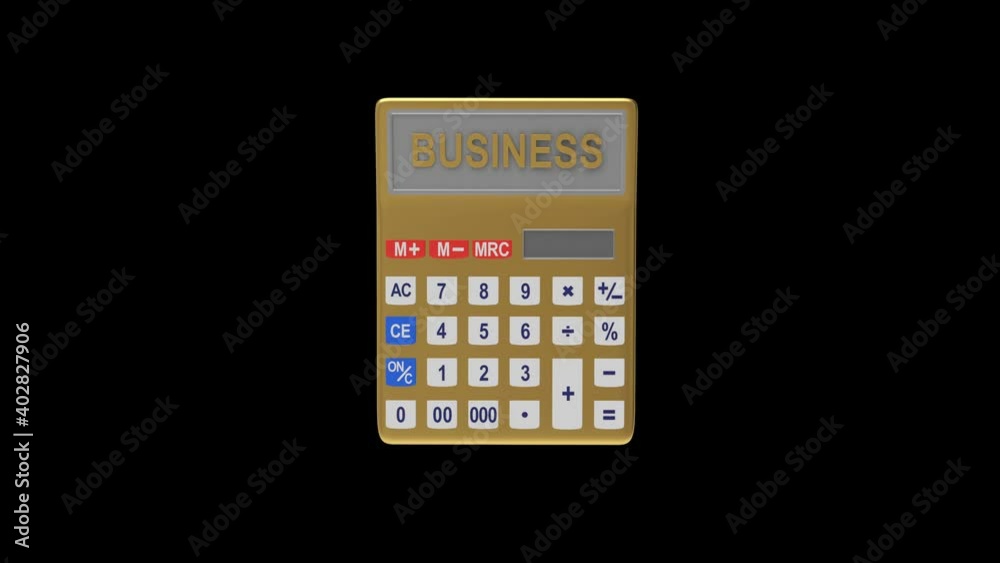 3D animation of the rotation of a golden calculator with the word business on a black background. Alpha channel. 4K resolution. 3D animation of the rotation of a golden calculator with the word business on a black background. Alpha channel. 4K resolution.