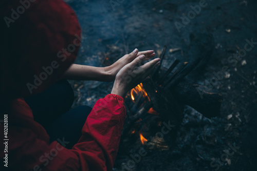 campfire winter night in the forest, fire baking and warm cozy concept © chokniti