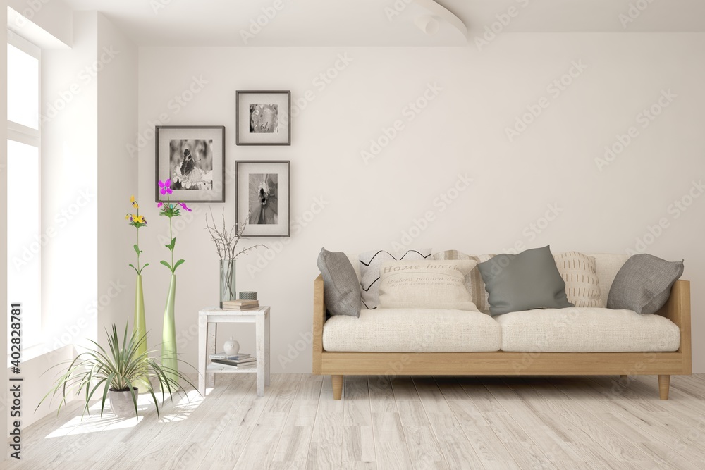 White living room with sofa. Scandinavian interior design. 3D illustration White living room with sofa. Scandinavian interior design. 3D illustration