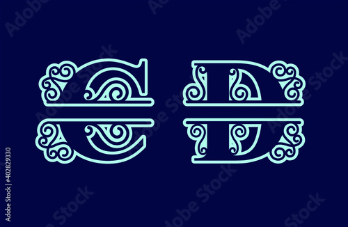 Alphabet Split Monogram, Split Letter Monogram, Alphabet Frame Font. Laser cut template. Initial monogram letters.