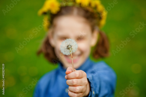 Selective focus. A girl holds a dandelion flower in front of her in nature in summer. Happy child with a dandelion wreath on his head with a blowball, having fun.