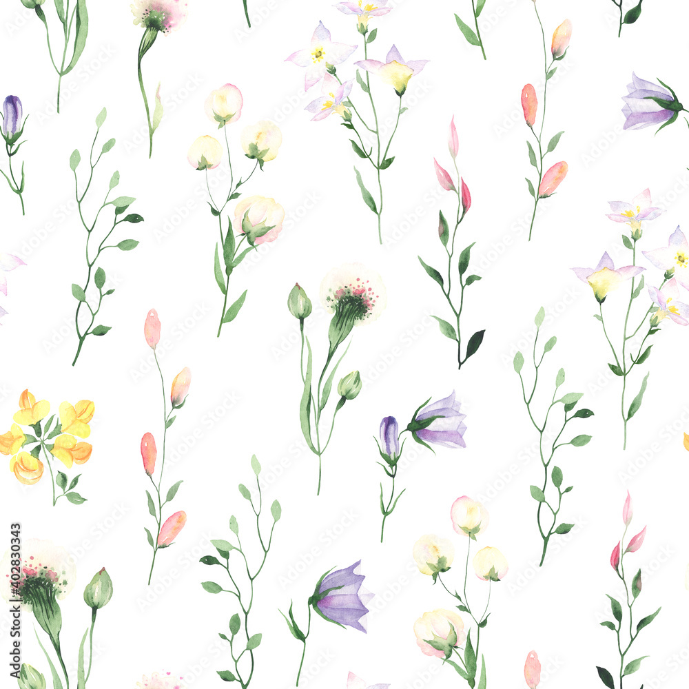 Floral watercolor seamless pattern with colorful wildflowers. Design illustration meadow on white background for textile, wallpapers or paper.