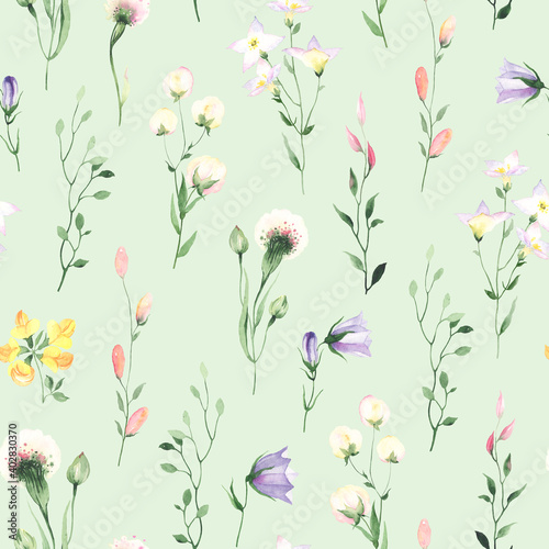 Floral watercolor seamless pattern with colorful wildflowers. Design illustration meadow on green background for textile, wallpapers or paper. © Nikole