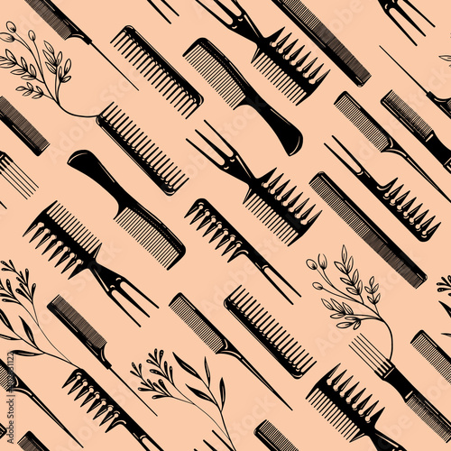 Vector seamless pattern with flat hair brushes. Hair accessories objects. Hairstyle for woman and girl.