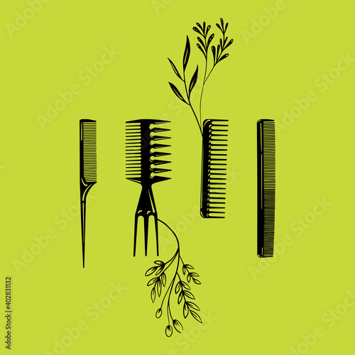 Vector illustration with flat hair brushes. Hair accessories objects. Hairstyle for woman and girl.
