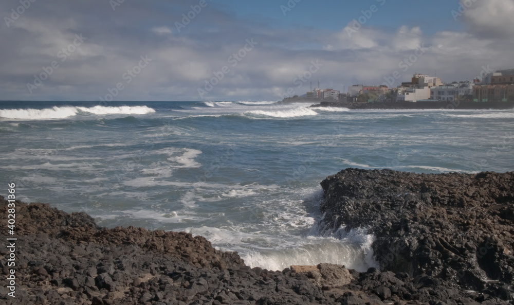 View of the town of San Felipe on a day with strong waves