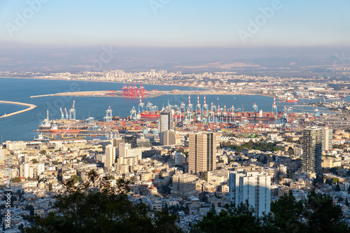 View from the upper terrace of the Bahai Garden to the downtown, the seaport and the Mediterranean Sea in Haifa in northern Israel