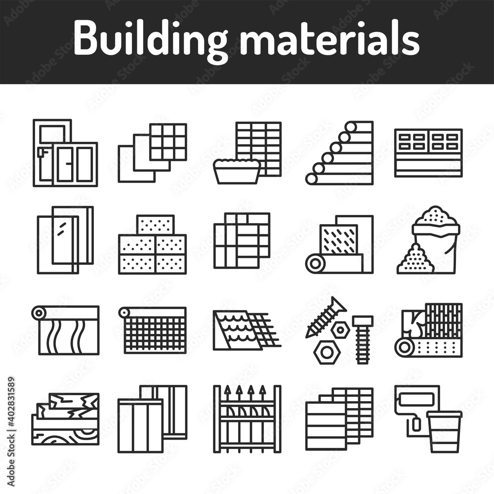 Construction materials black line icons set. Pictograms for web page