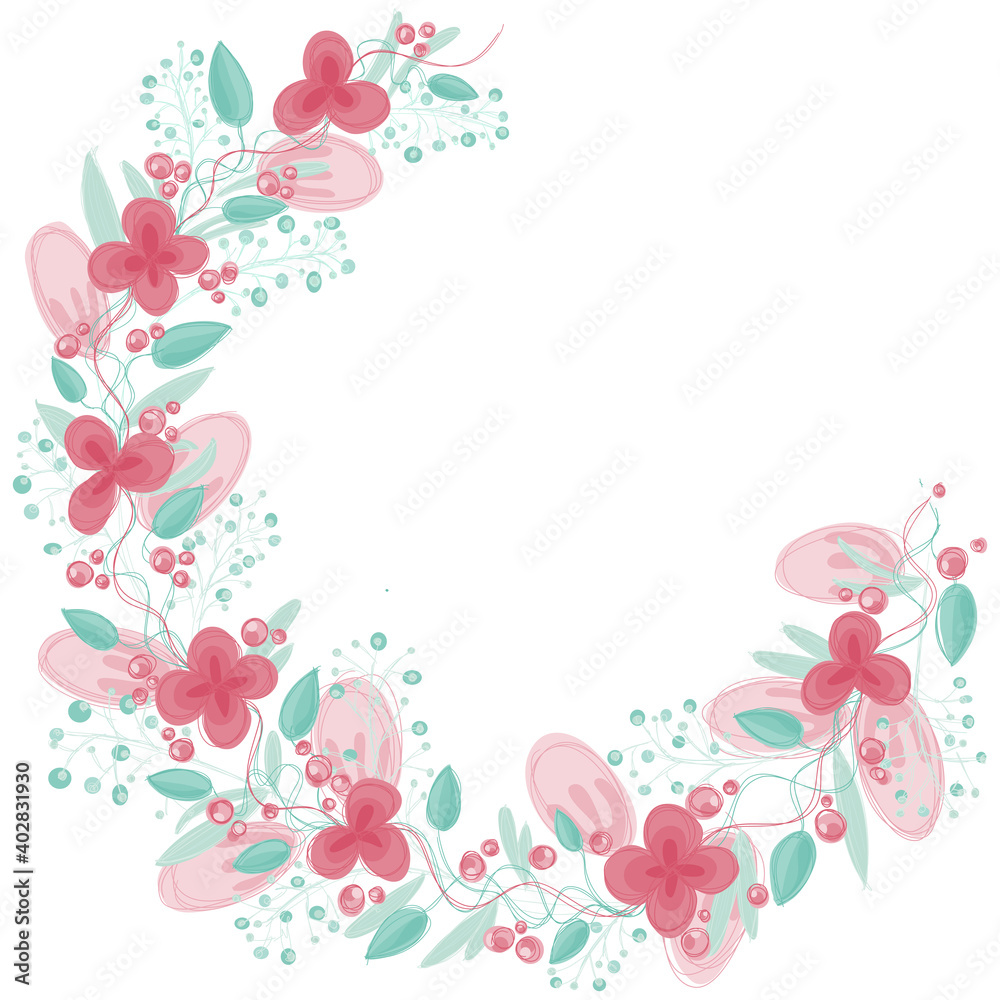 Bunch of flowers, simple illustration with a flower crown, decorative floral motive garland.