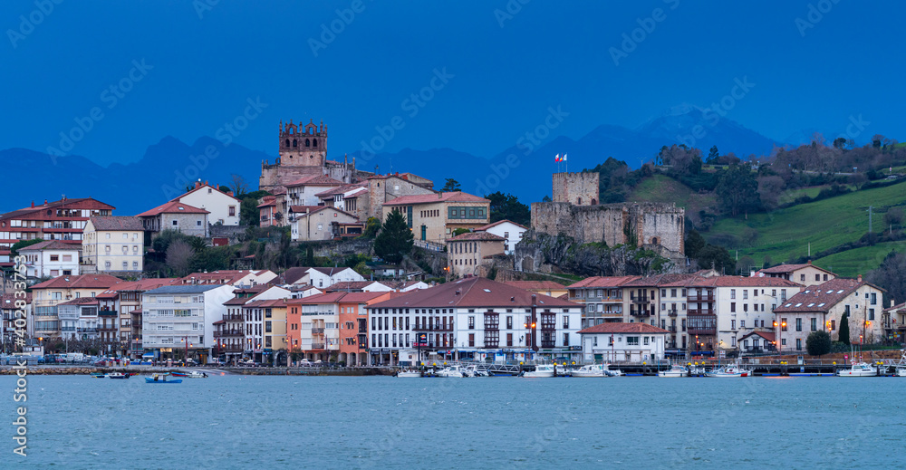 Panoramic view of the old town of San Vicente de la Barquera. Oyambre Natural Park, Cantabria, Spain, Europe