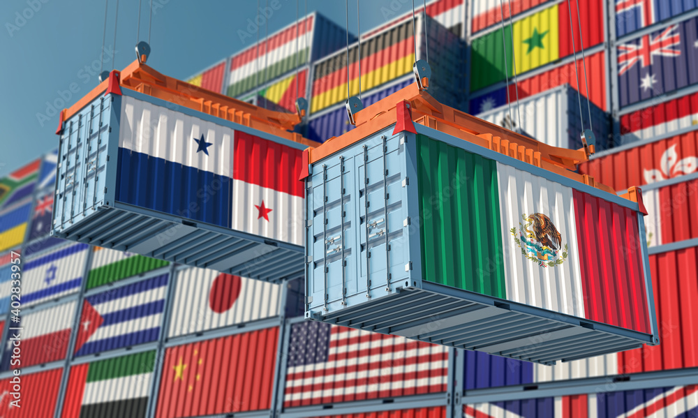 Freight containers with Mexico and Panama national flags. 3D Rendering 