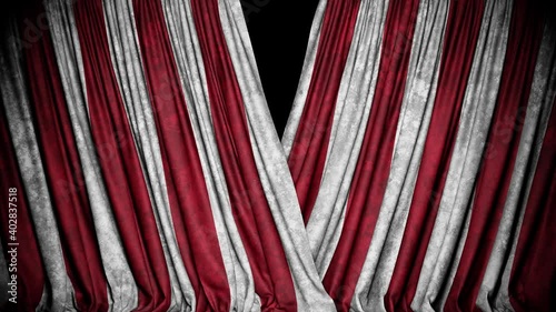 Realistic 3D animation of the striped red and white grungy circus curtain rendered in UHD, alpha matte is included photo