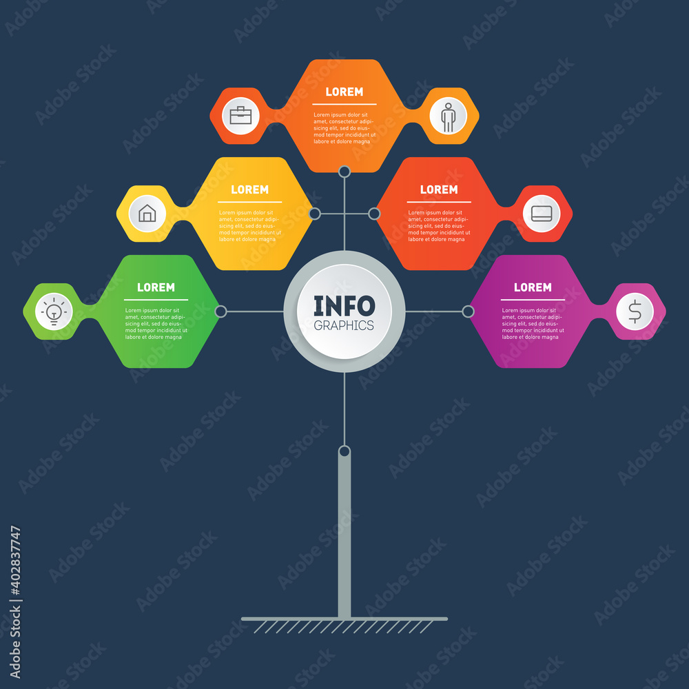 Template of tree, info chart or diagram. Infographic of technology or education process with five steps. Business presentation concept with 5 options. Brochure design template, vector. Template of tree, info chart or diagram. Infographic of technology or education process with five steps. Business presentation concept with 5 options. Brochure design template, vector.