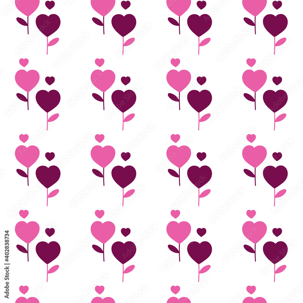 Love hearts, cartoon romantic flovers. Wedding or Saint Valentines Day design. Vector seamless pattern