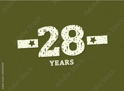28 years anniversary with badge military, grunge pattern. Army design with star on green camouflage background. Vector perfect for any military labels, posters and armed force etc.