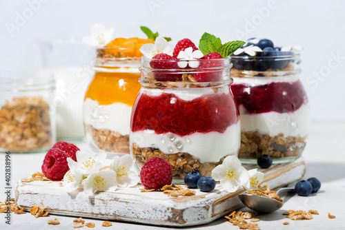 desserts with granola, berry and fruit puree in jars on white background, closeup