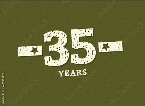 35 years anniversary with badge military, grunge pattern. Army design with star on green camouflage background. Vector perfect for any military labels, posters and armed force etc.