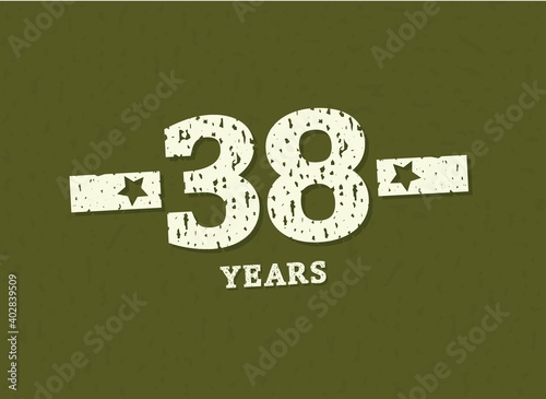 38 years anniversary with badge military, grunge pattern. Army design with star on green camouflage background. Vector perfect for any military labels, posters and armed force etc.