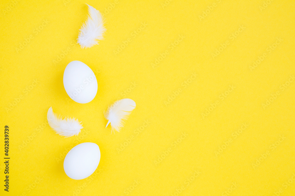 White chicken eggs and feathers on the yellow surface. Copy space.