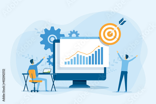 business people analytics and monitoring on financial investment report dashboard monitor concept and vector illustration design for business team meeting working concept