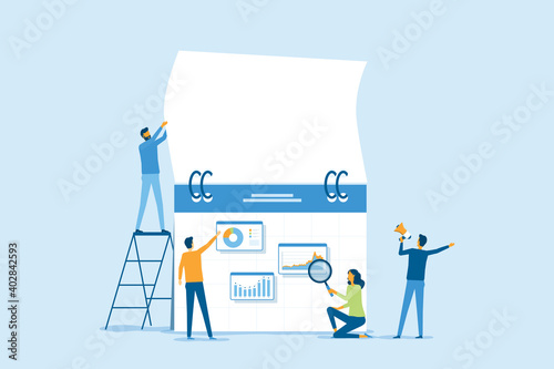 Flat vector illustration design Business marketing planning concept and team working with digital online dashboard calendar. 