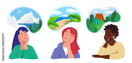 Different women dream about traveling. Set of women thinking about vacation: beach resort, camping, mountains. Vector illustration.
