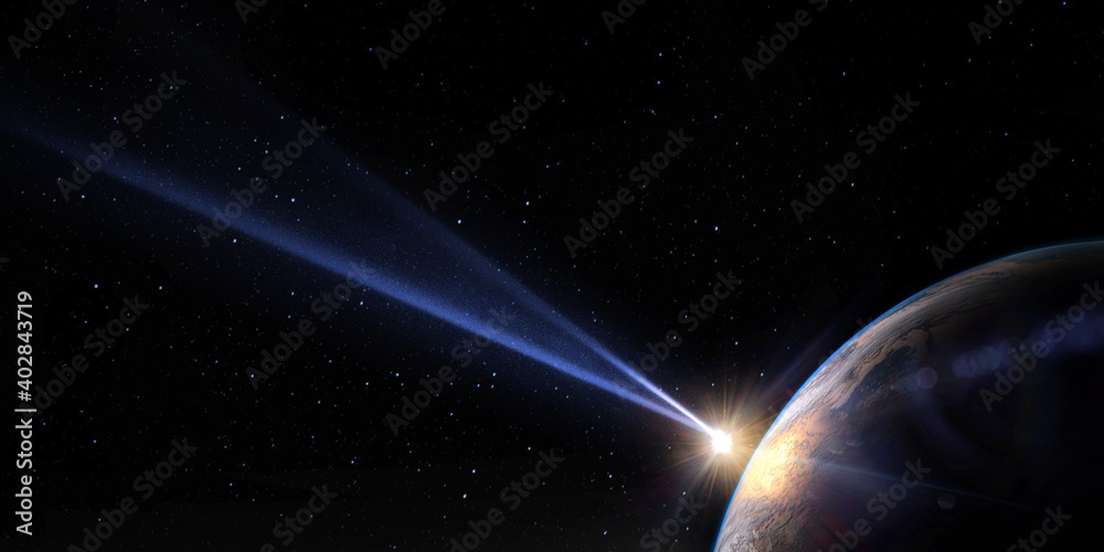 Comet, asteroid, meteorite flying to the planet Earth on the  starry night sky. Glowing asteroid and tail of a falling the safety of the Earth. Elements of this image furnished by NASA.
