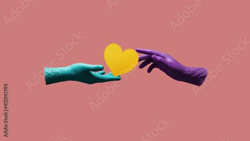Love and Relationship during Coronavirus Concept. Valentines Day. Two Hands with Medical Glove giving a Heart Symbol. floating over Colorful Pop Color background