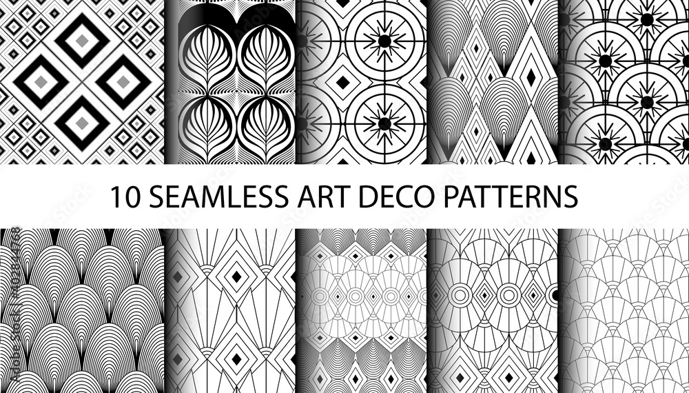 Set of 10 art deco patterns in different black and white geometric