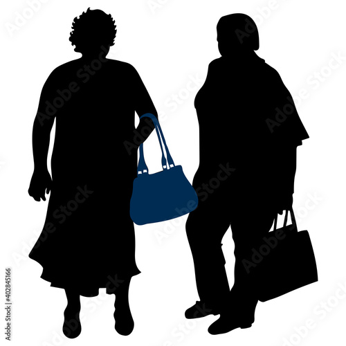 Vector black female silhouettes with bags. Women full physique isolated white background summer one in a dress, the other in trousers and a blouse stands sideways. Adult women are large and overweight