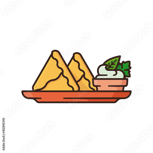 Indian Samosa dish with cilantro and mint chutney isolated vector illustration  for Samosa Day on September 5