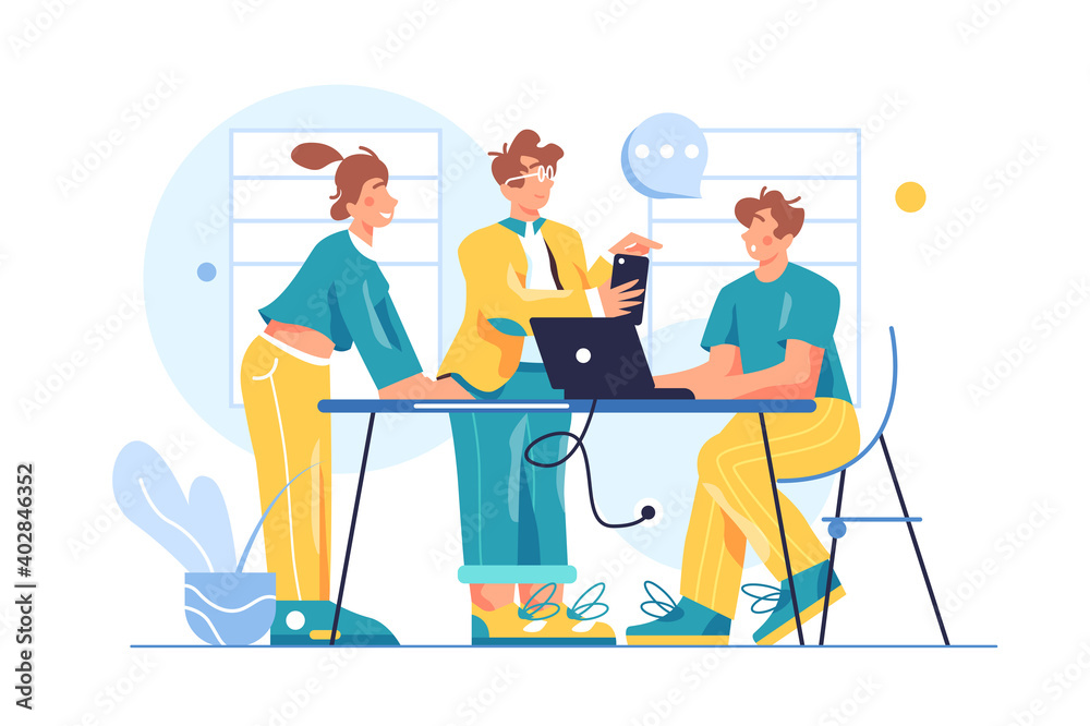 Group of colleagues working as a team in the office, the guy at the table at the laptop, the guy in the phone isolated on white background, flat vector illustration