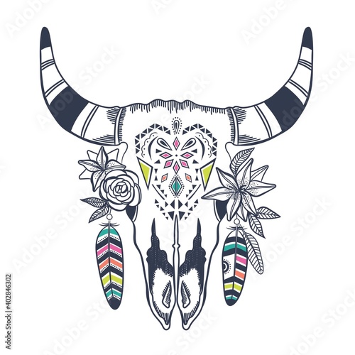 Boho chic, ethnic, native american or mexican bull skull with feathers on horns. Tribal hand drawn vector illustration. Poster, postcard, invitation design
