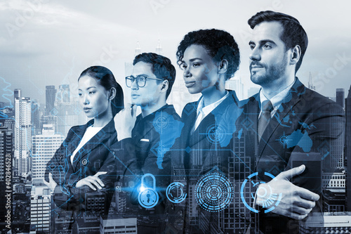 Canvas Print Group of business colleagues as a part of multinational corporate team working on project to protect clients information at cybersecurity compliance division